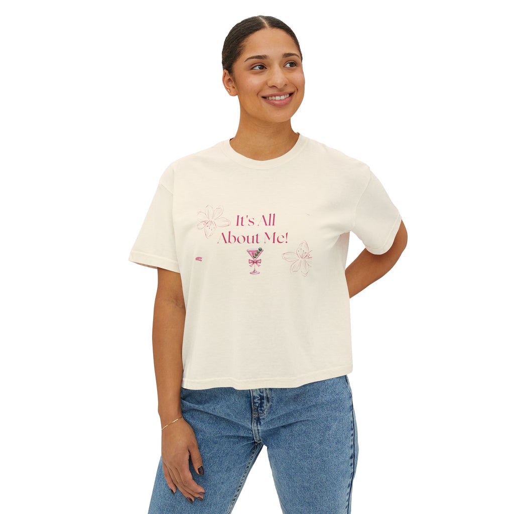 It's All About Me! Women's Boxy Tee — Pink Floral Graphic Crop T-Shirt