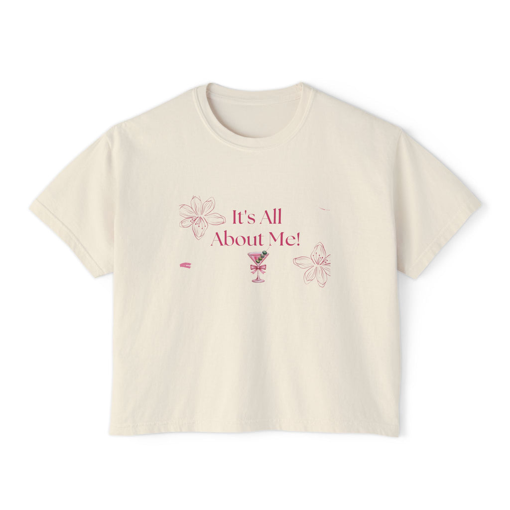 It's All About Me! Women's Boxy Tee — Pink Floral Graphic Crop T-Shirt