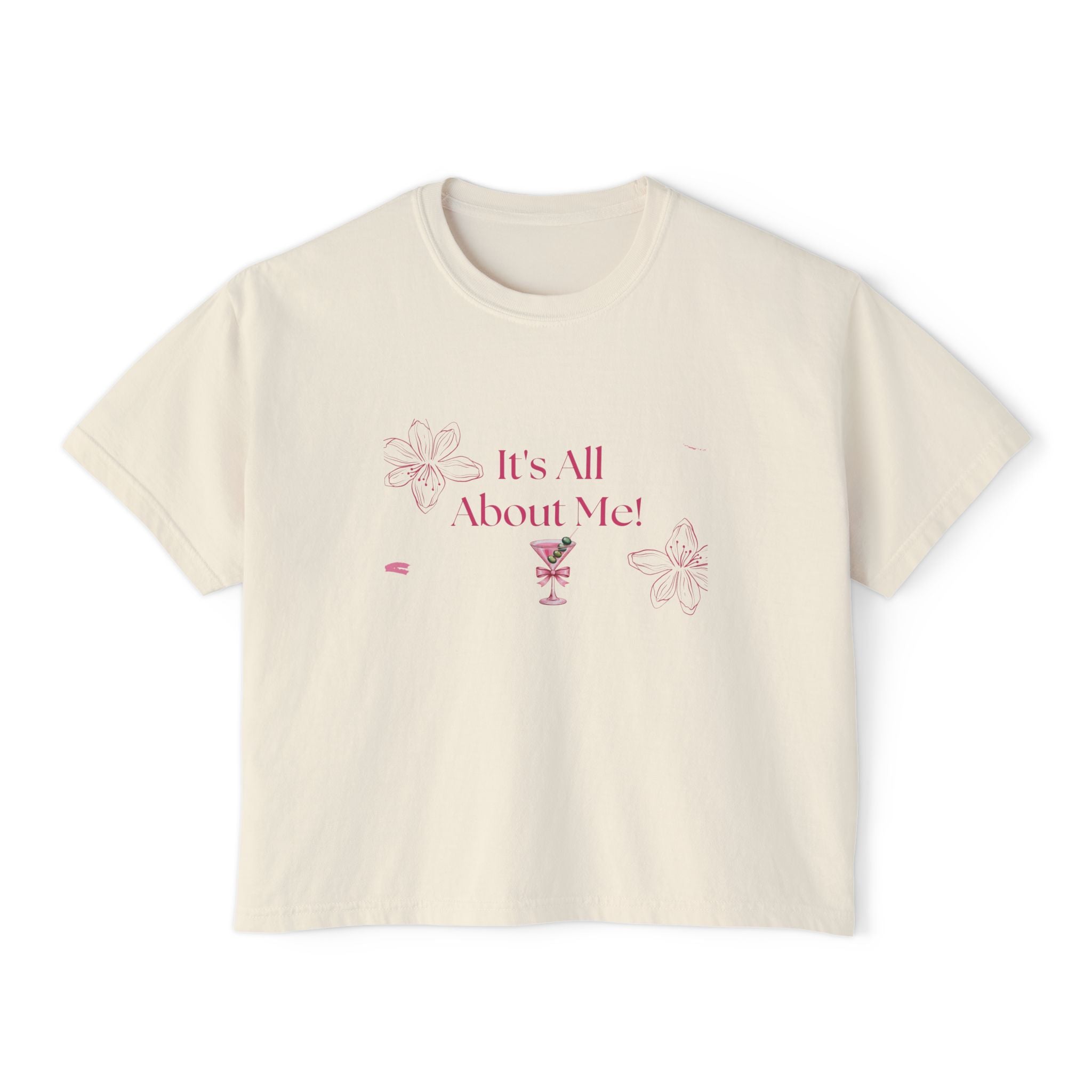 It's All About Me! Women's Boxy Tee — Pink Floral Graphic Crop T-Shirt