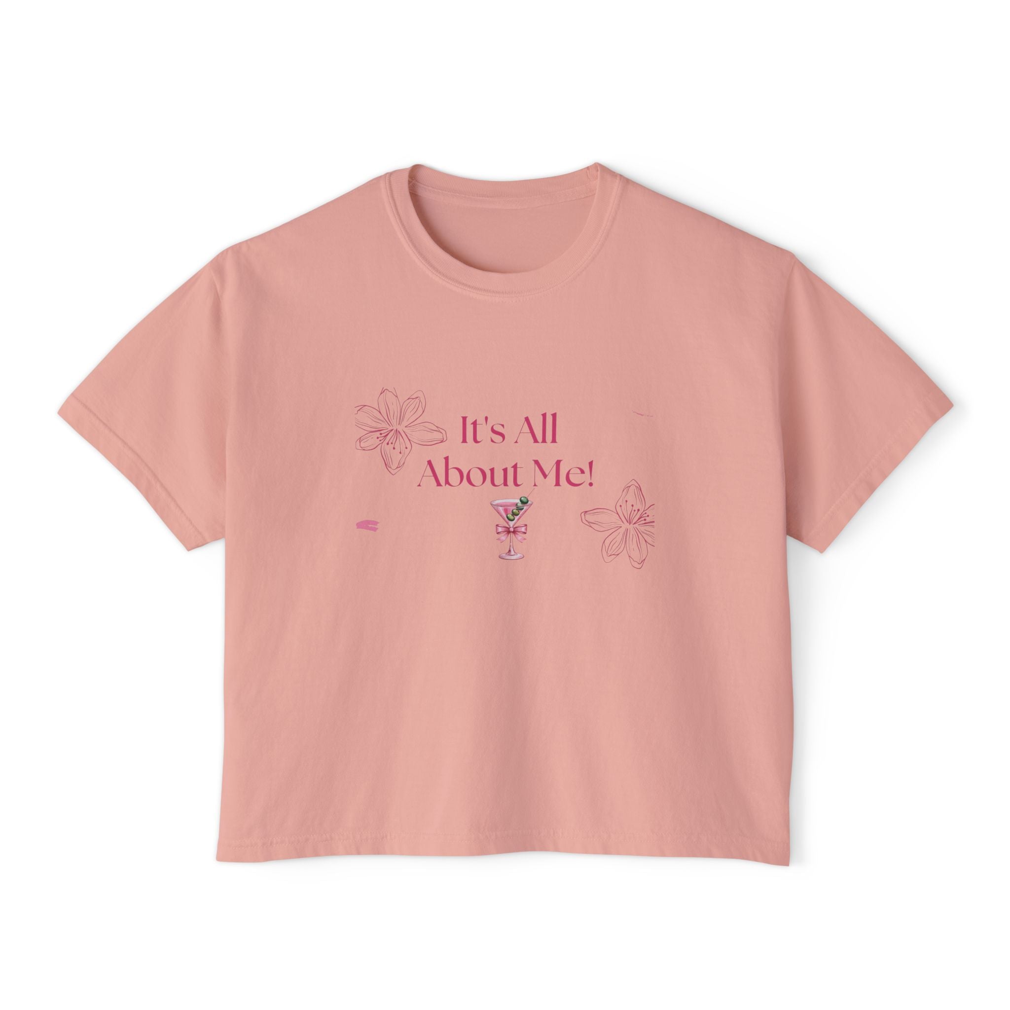 It's All About Me! Women's Boxy Tee — Pink Floral Graphic Crop T-Shirt