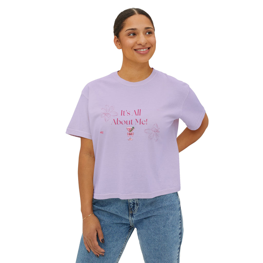 It's All About Me! Women's Boxy Tee — Pink Floral Graphic Crop T-Shirt