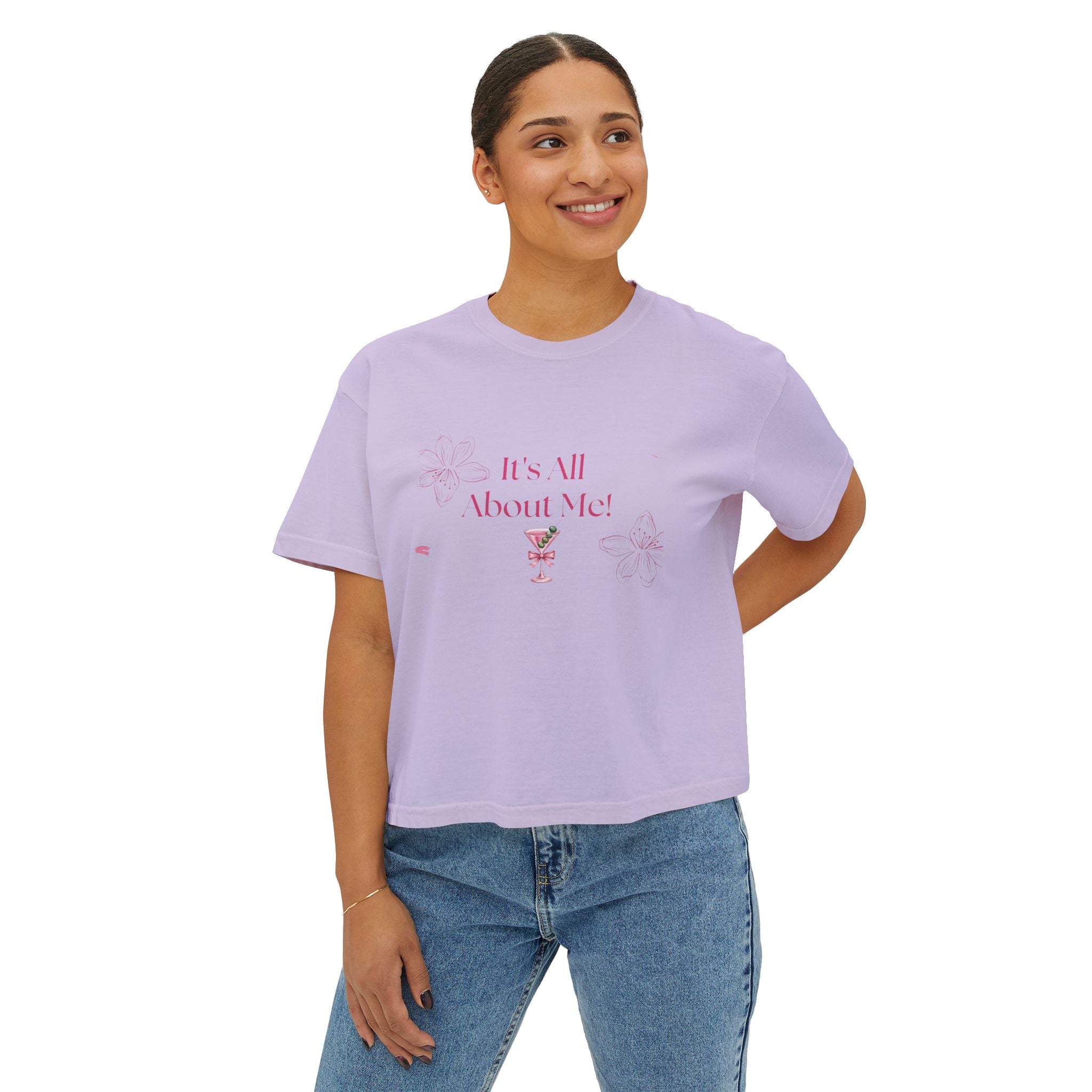 It's All About Me! Women's Boxy Tee — Pink Floral Graphic Crop T-Shirt