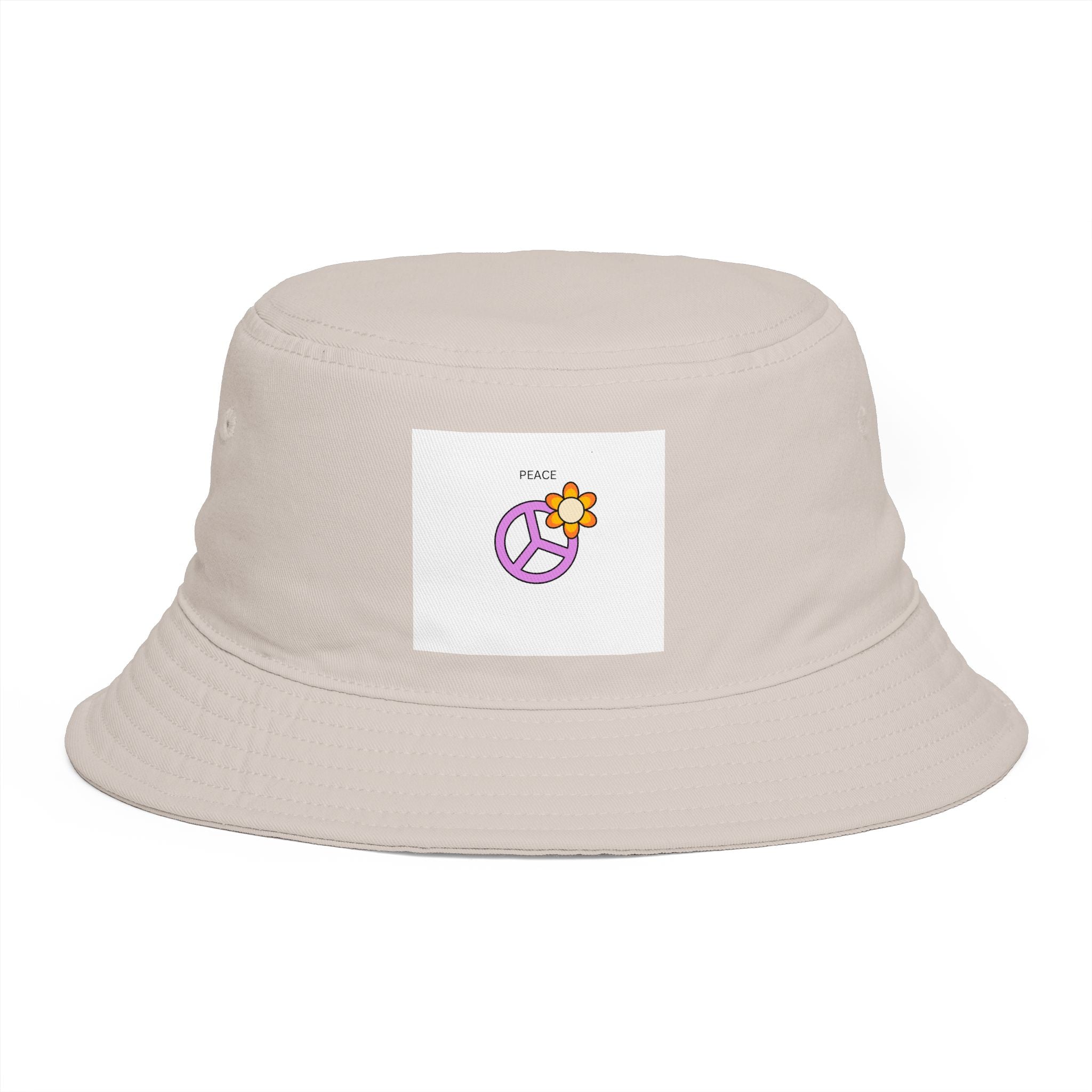 Bucket Hat — Retro Peace Sign with Flower Patch, Vintage 70s Boho Summer Sun Hat