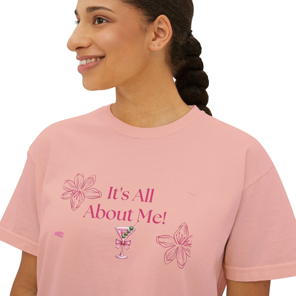 It's All About Me! Women's Boxy Tee — Pink Floral Graphic Crop T-Shirt