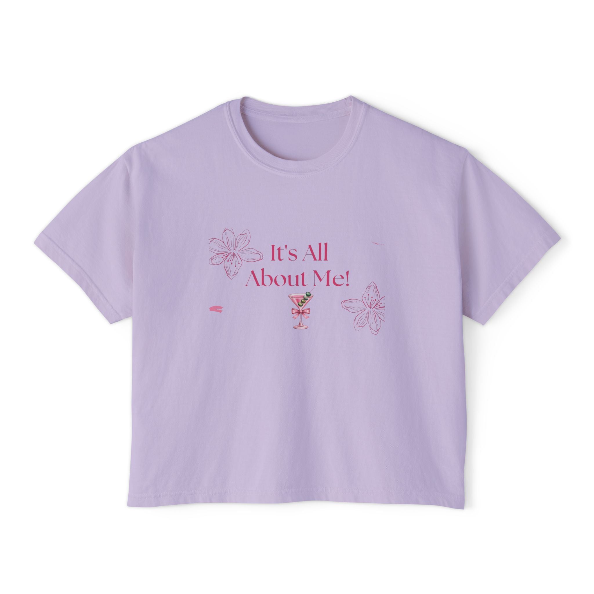 It's All About Me! Women's Boxy Tee — Pink Floral Graphic Crop T-Shirt