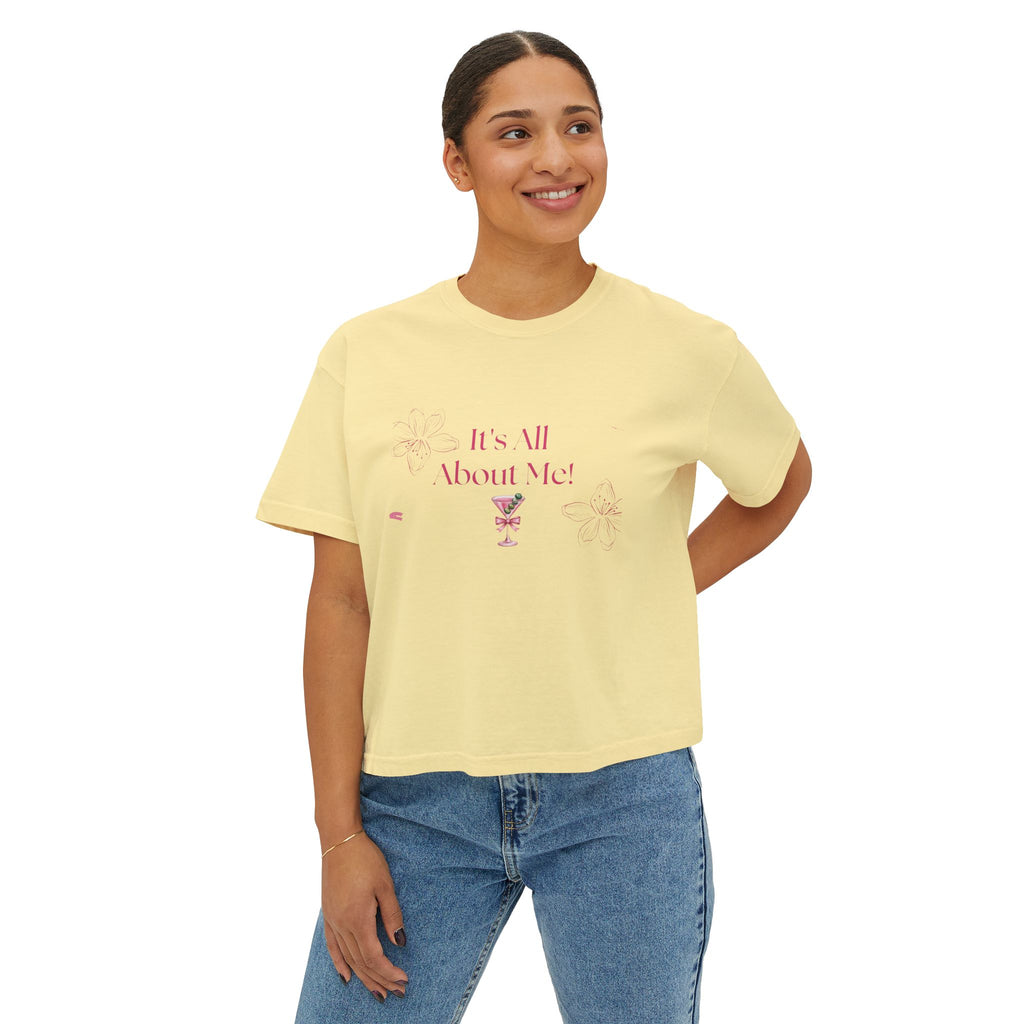 It's All About Me! Women's Boxy Tee — Pink Floral Graphic Crop T-Shirt