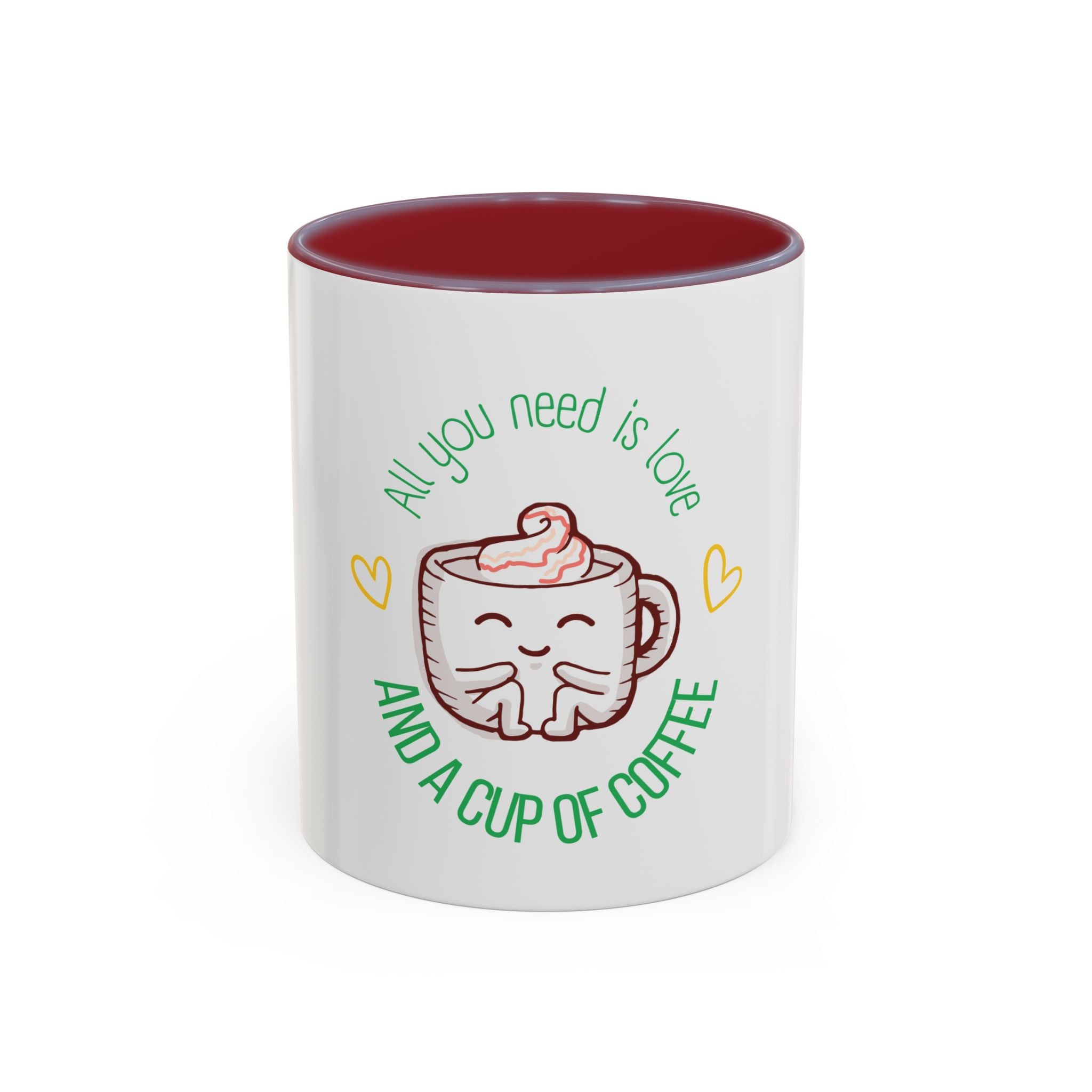 Coffee Mug – "All You Need Is Love and a Cup of Coffee" Cute Kawaii Ceramic Accent Mug (11/15oz)