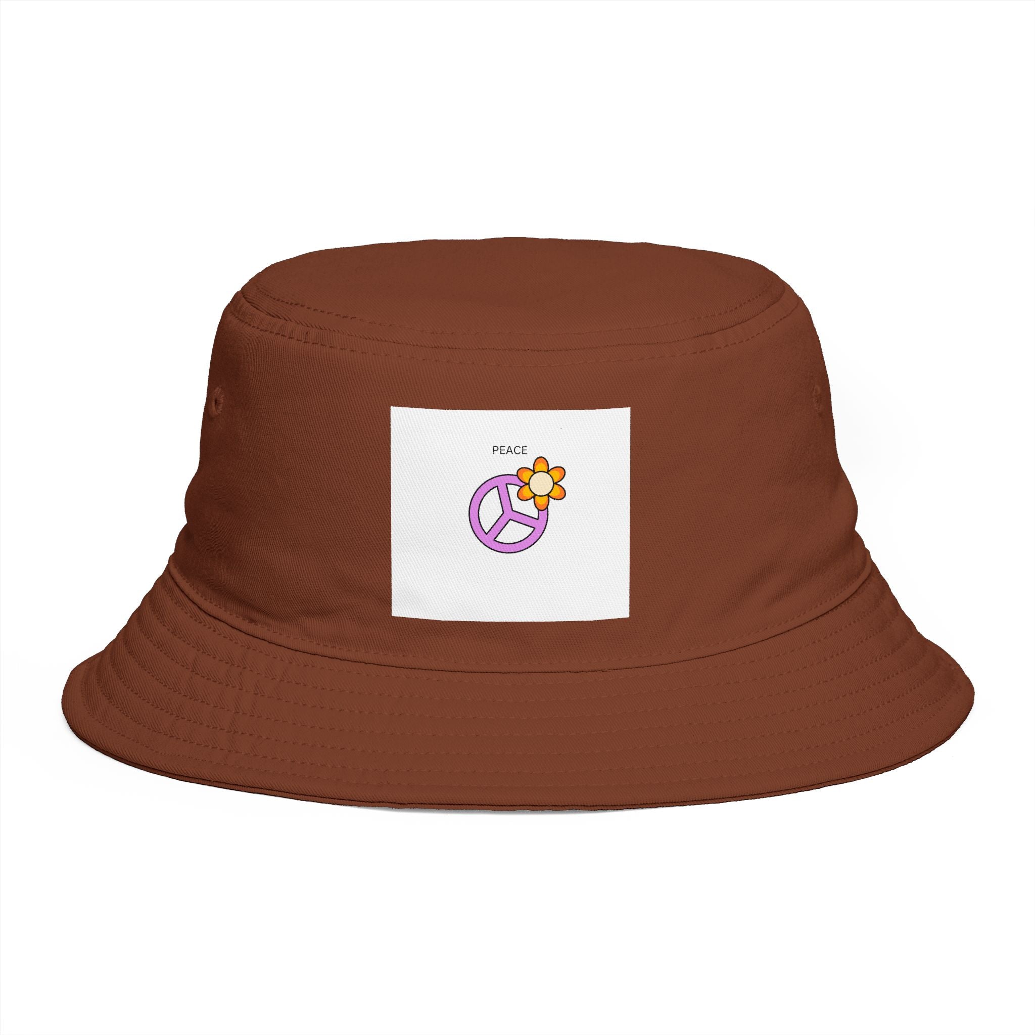 Bucket Hat — Retro Peace Sign with Flower Patch, Vintage 70s Boho Summer Sun Hat