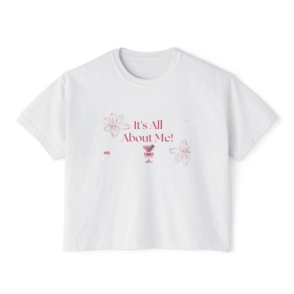 It's All About Me! Women's Boxy Tee — Pink Floral Graphic Crop T-Shirt
