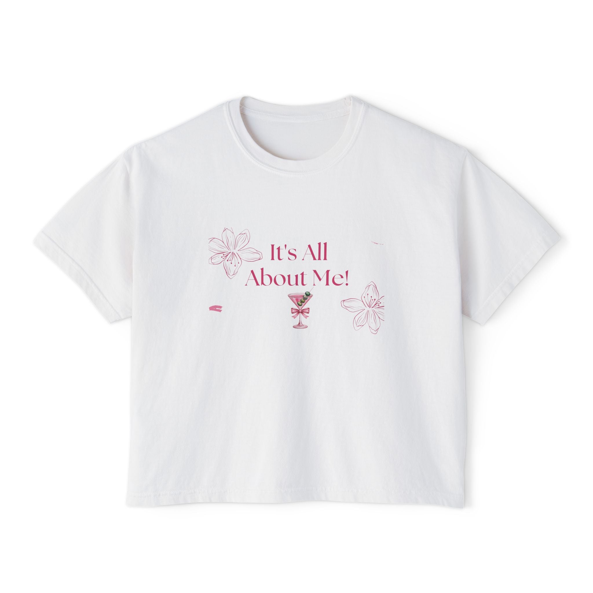 It's All About Me! Women's Boxy Tee — Pink Floral Graphic Crop T-Shirt