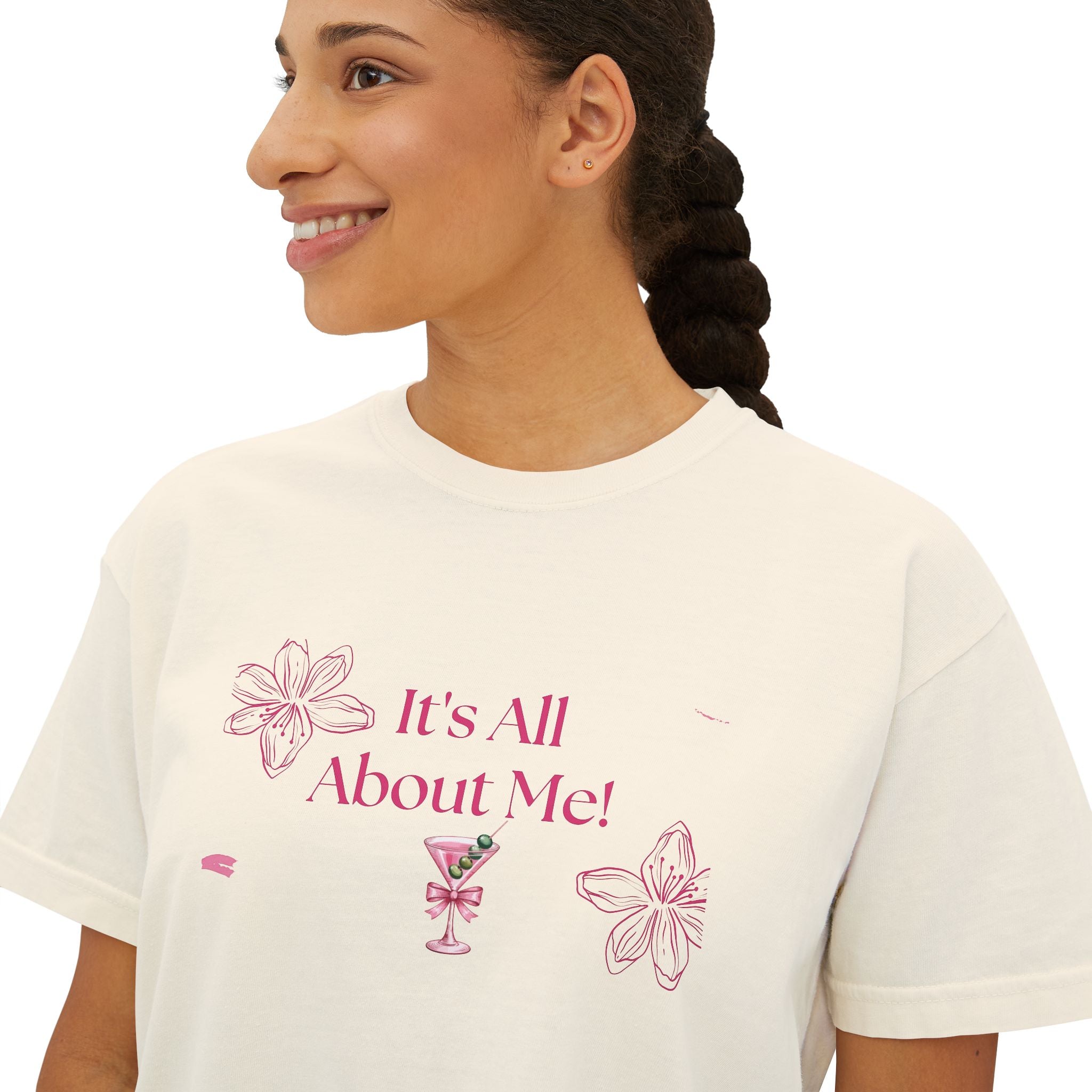 It's All About Me! Women's Boxy Tee — Pink Floral Graphic Crop T-Shirt