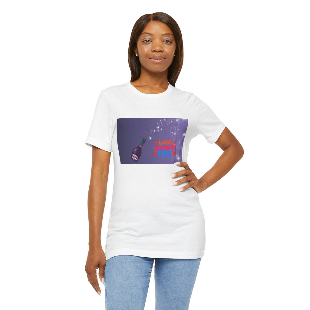 Love Yourself First Tee — Motivational Graphic T-Shirt with Microphone Design