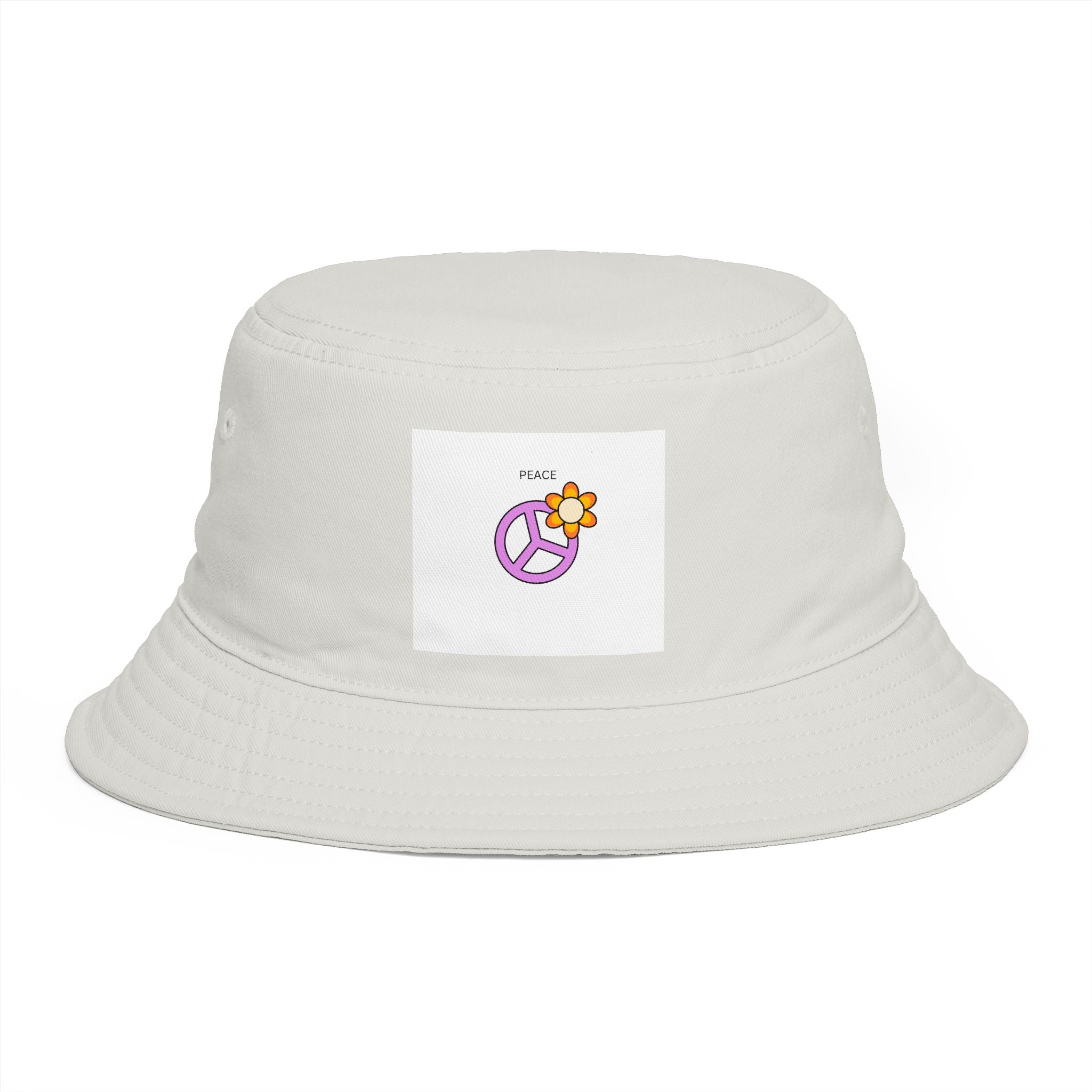 Bucket Hat — Retro Peace Sign with Flower Patch, Vintage 70s Boho Summer Sun Hat