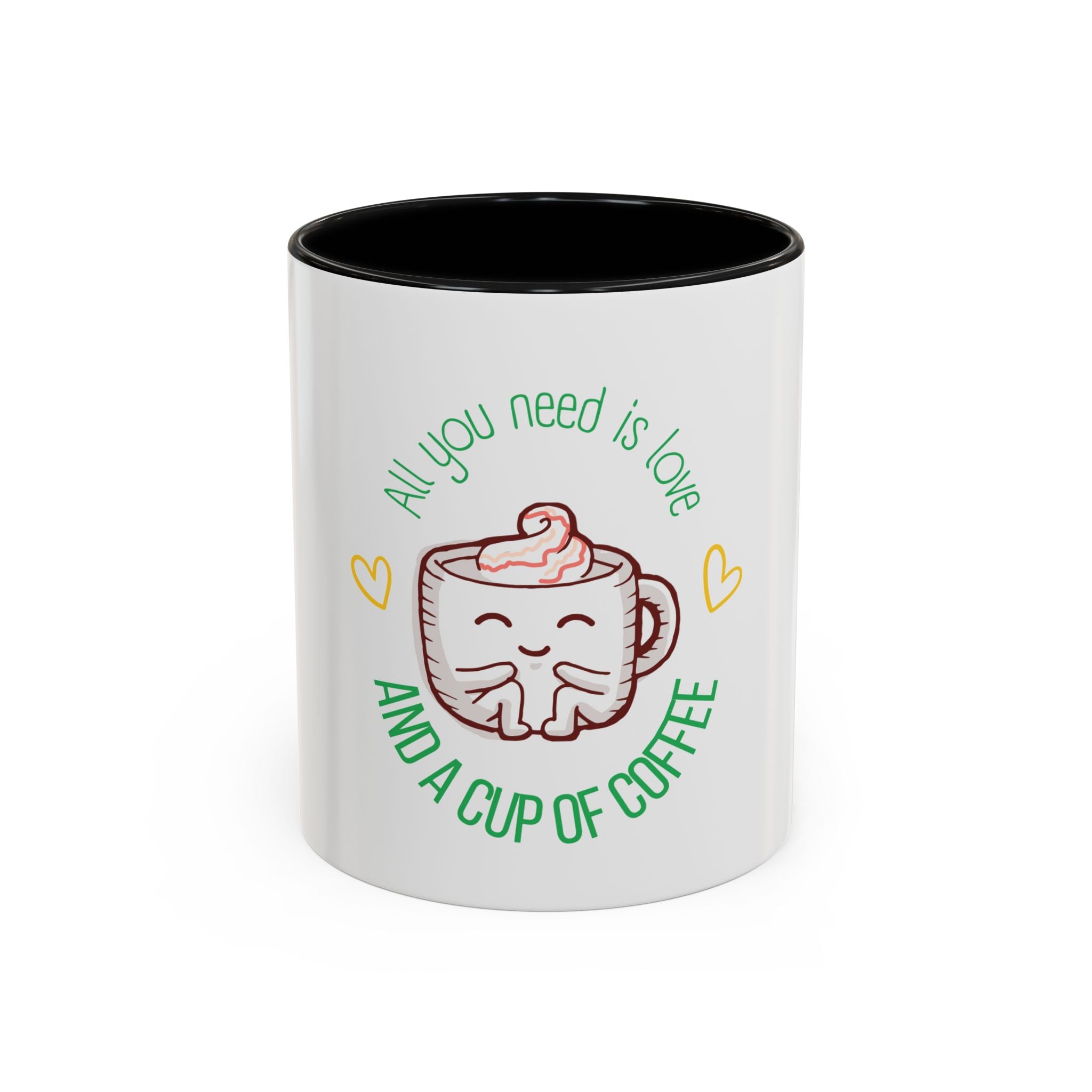 Coffee Mug – "All You Need Is Love and a Cup of Coffee" Cute Kawaii Ceramic Accent Mug (11/15oz)