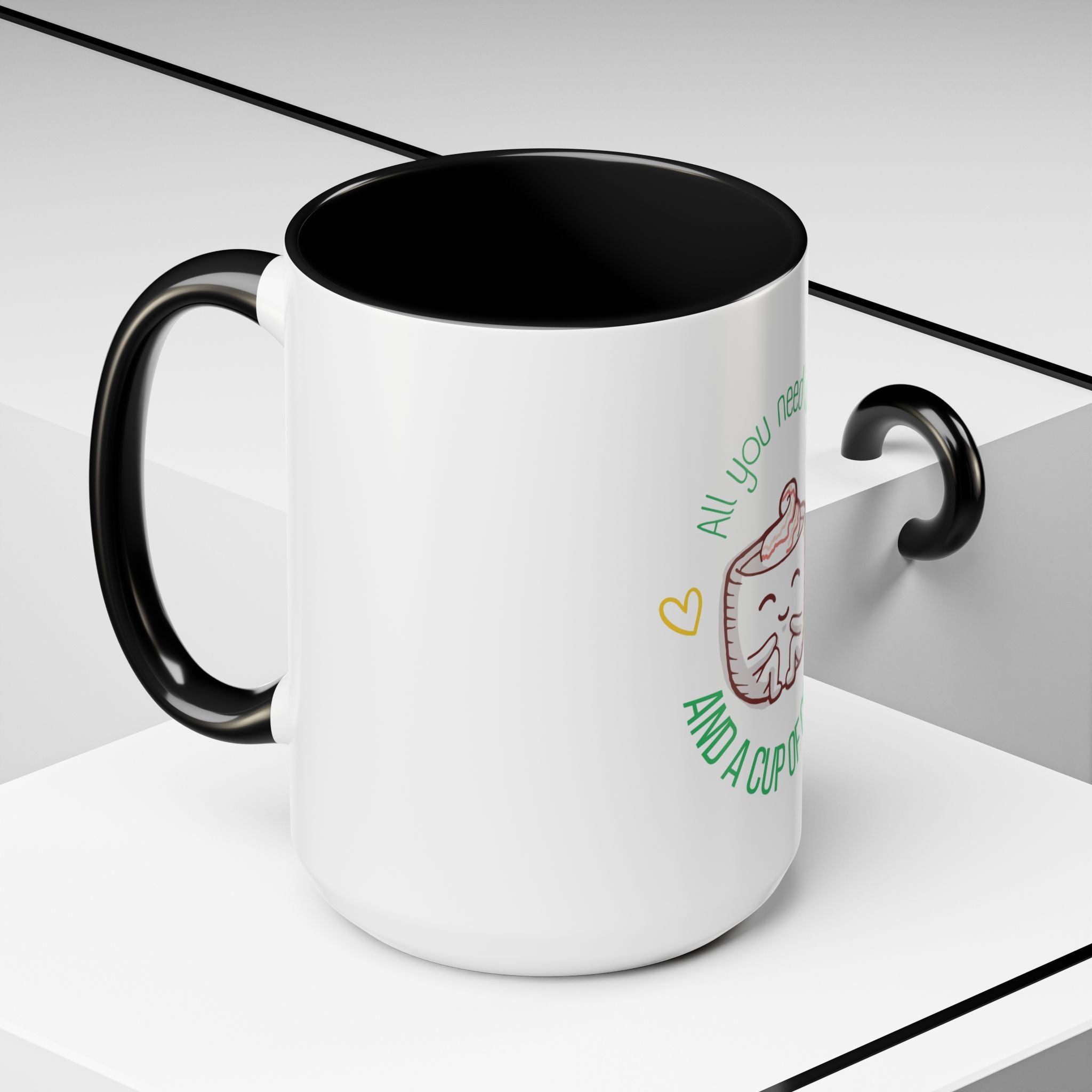 Coffee Mug – "All You Need Is Love and a Cup of Coffee" Cute Kawaii Ceramic Accent Mug (11/15oz)