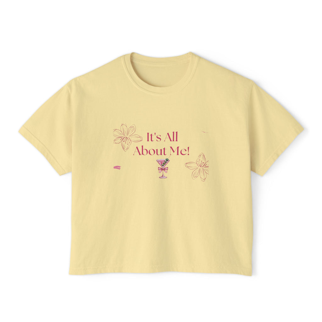 It's All About Me! Women's Boxy Tee — Pink Floral Graphic Crop T-Shirt