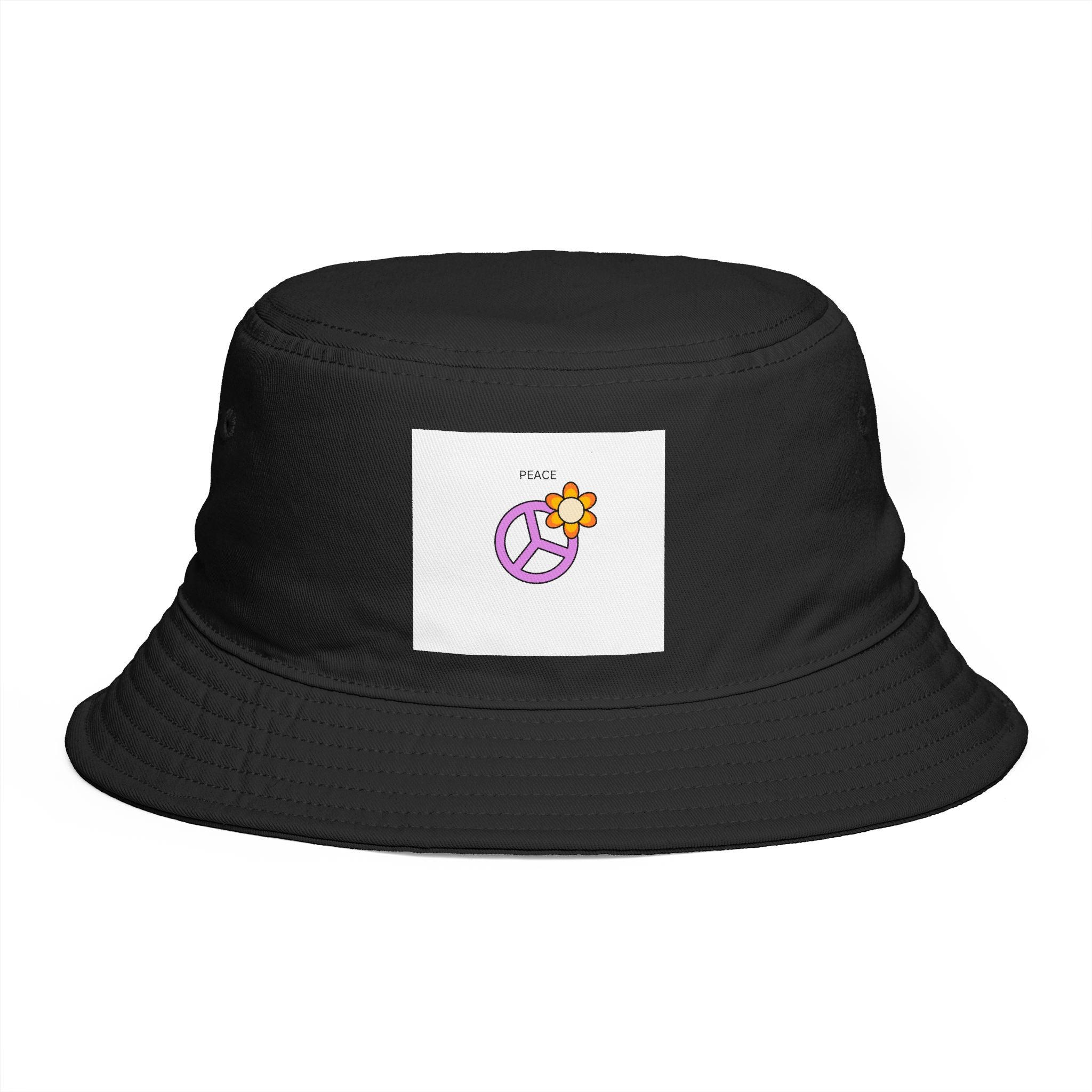 Bucket Hat — Retro Peace Sign with Flower Patch, Vintage 70s Boho Summer Sun Hat