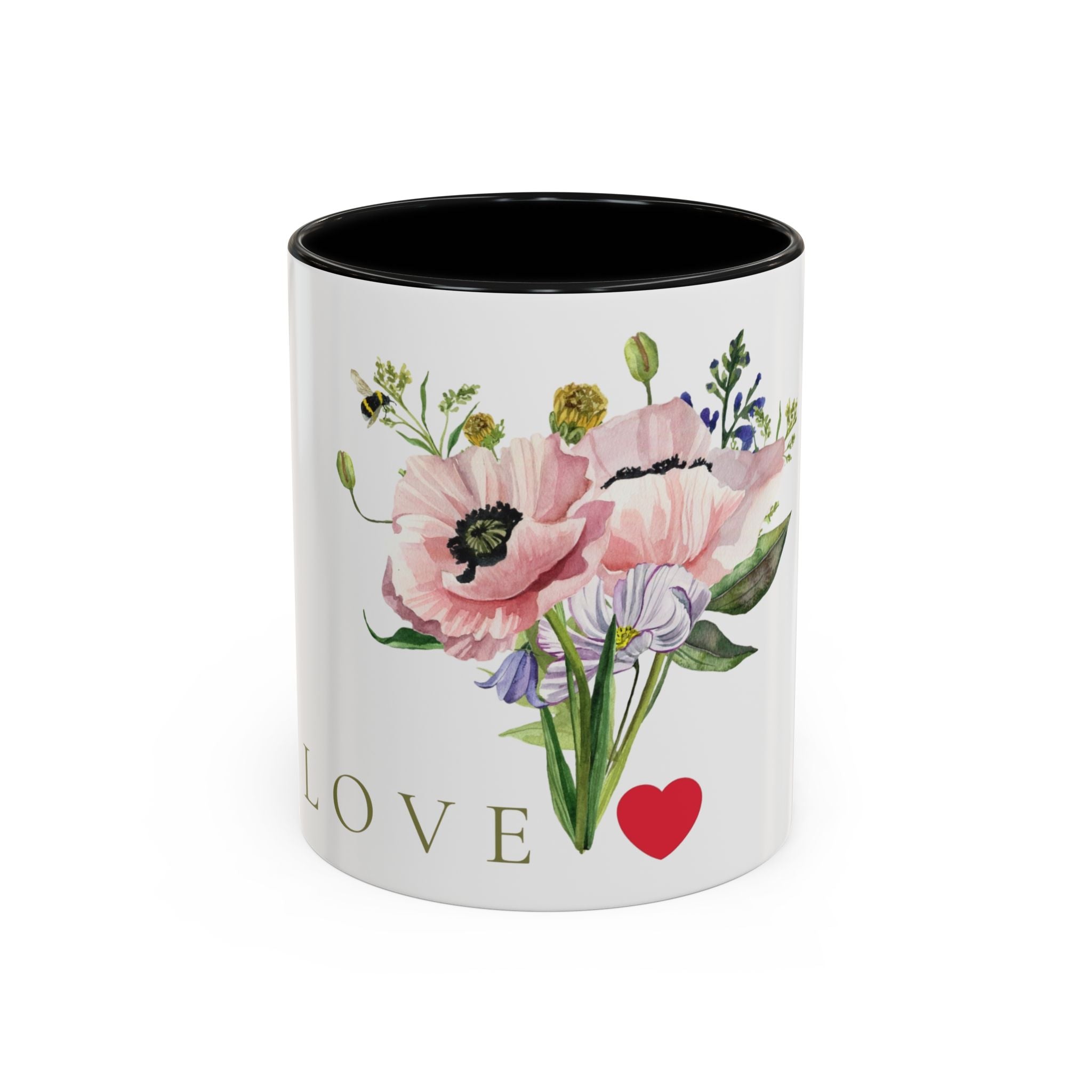 Floral Love Accent Coffee Mug — Pink Bouquet Heart Design (11/15oz)