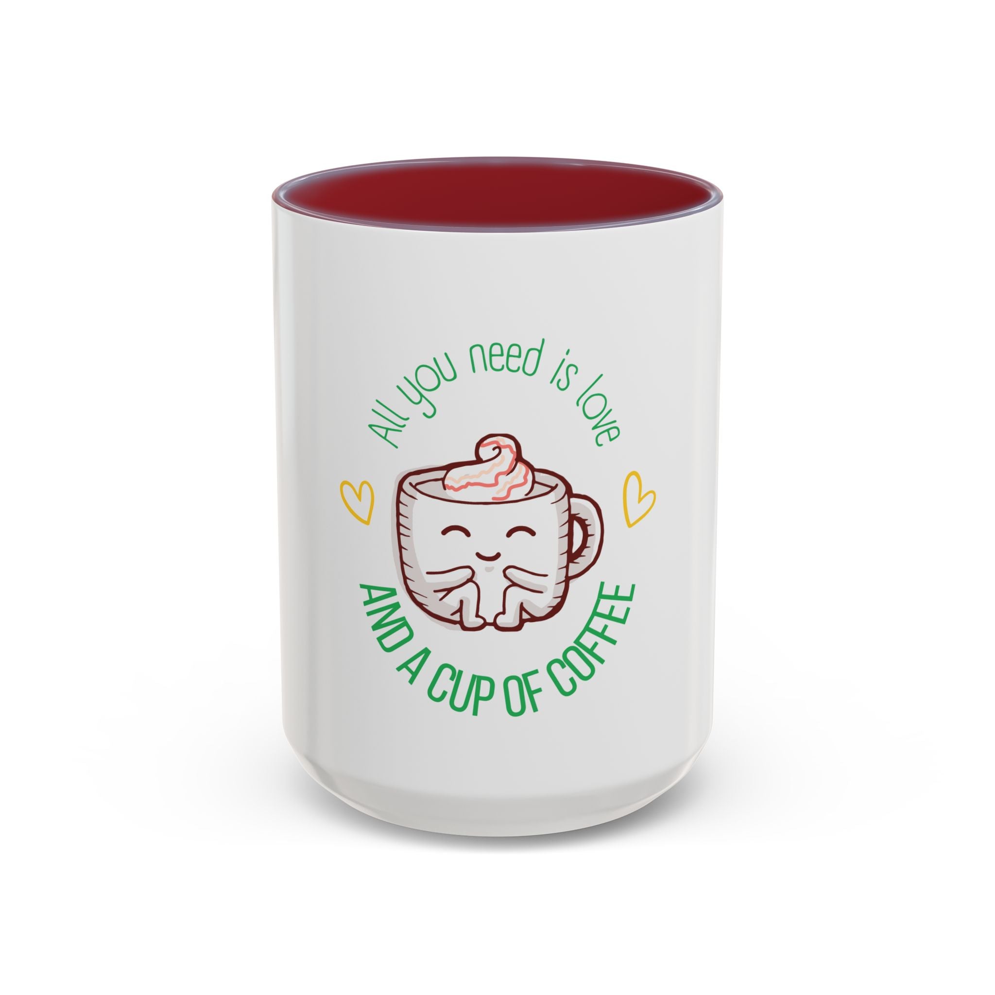 Coffee Mug – "All You Need Is Love and a Cup of Coffee" Cute Kawaii Ceramic Accent Mug (11/15oz)