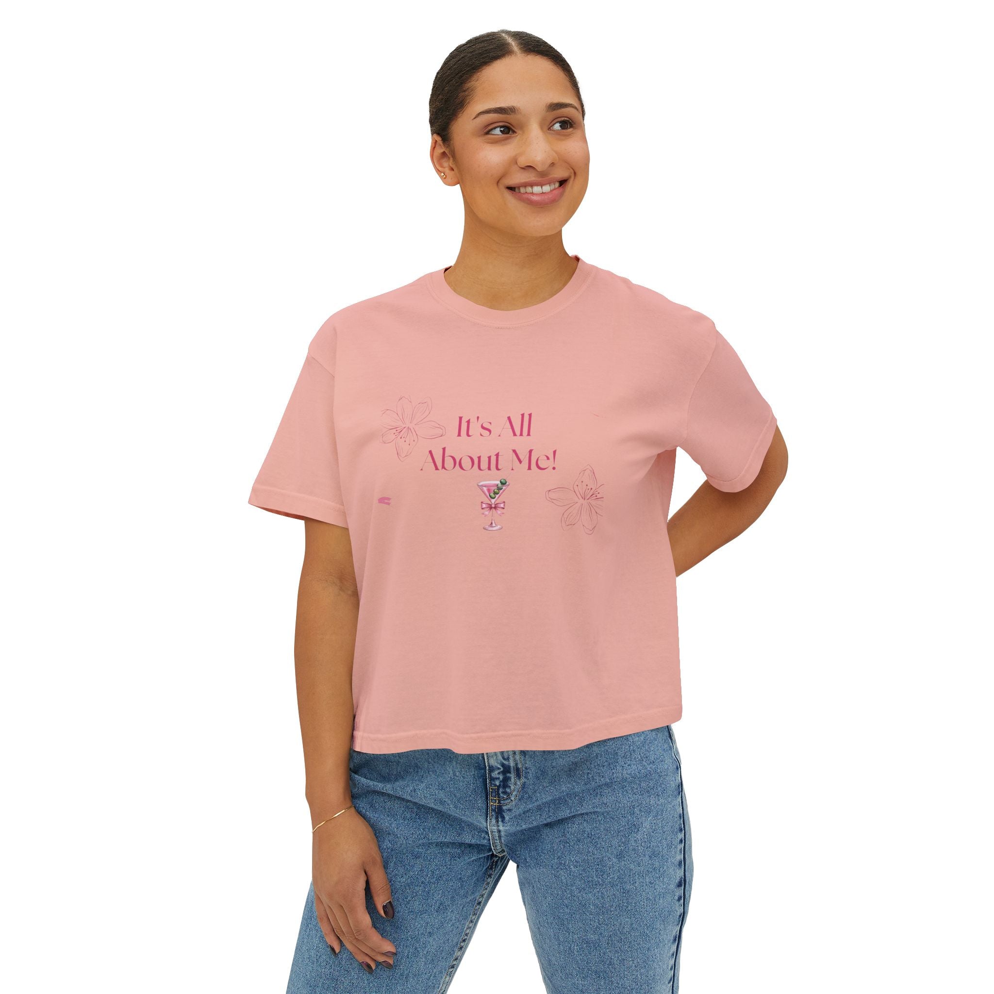 It's All About Me! Women's Boxy Tee — Pink Floral Graphic Crop T-Shirt