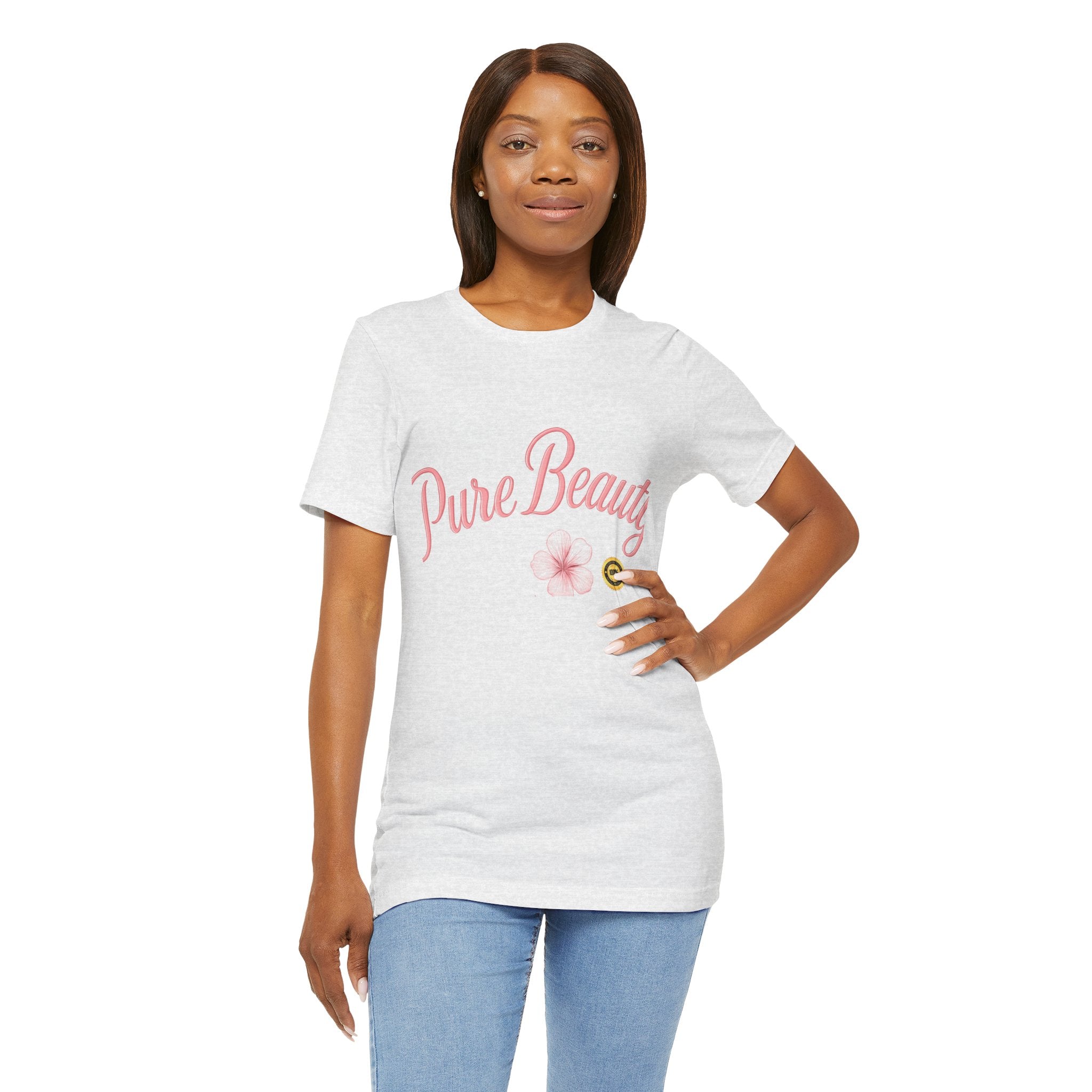 Pure Beauty Floral Tee — Women's Pink Script Flower T-Shirt