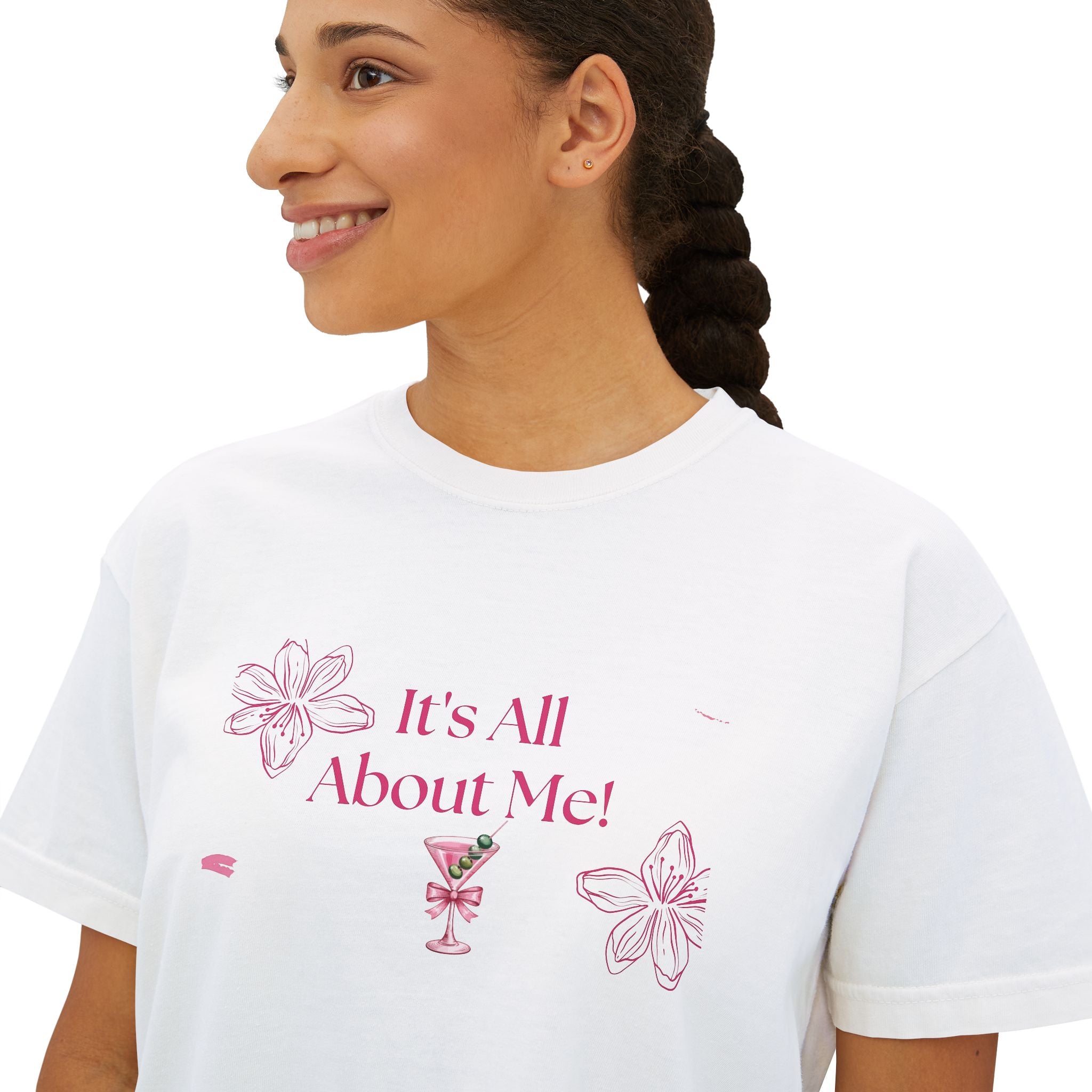 It's All About Me! Women's Boxy Tee — Pink Floral Graphic Crop T-Shirt