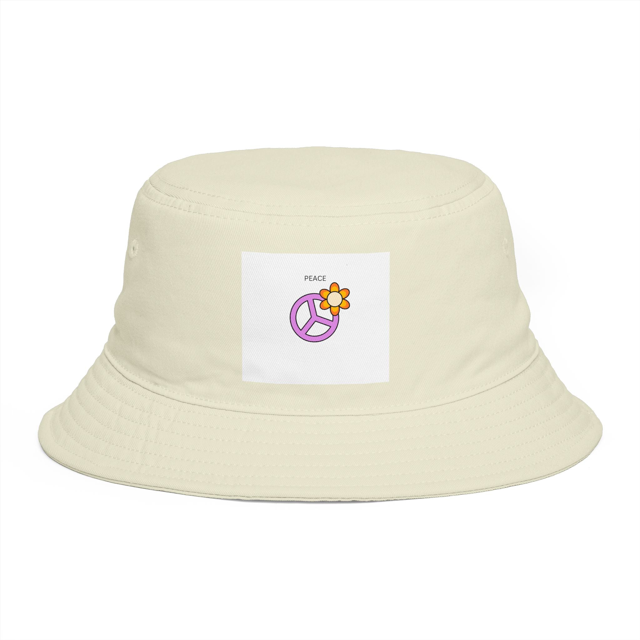 Bucket Hat — Retro Peace Sign with Flower Patch, Vintage 70s Boho Summer Sun Hat