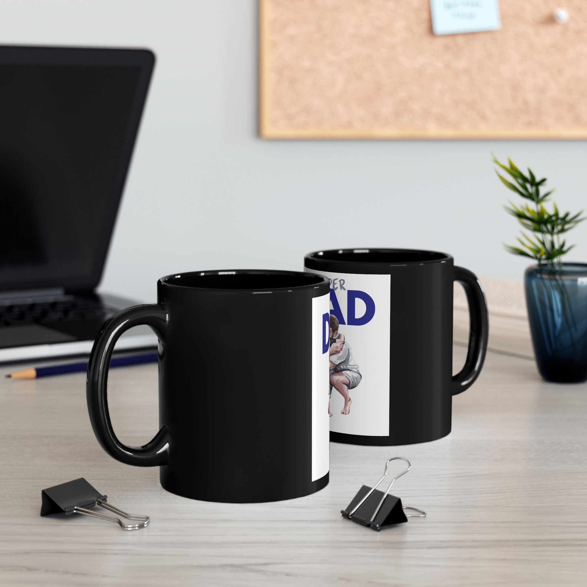 Super Dad Black Mug — Dad and Child Hug Father's Day Coffee Cup (11oz/15oz)