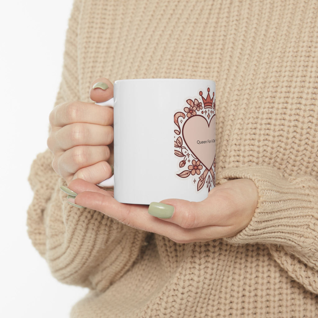Queen For A Day Ceramic Mug — Floral Heart Crown Coffee Cup (11oz/15oz)