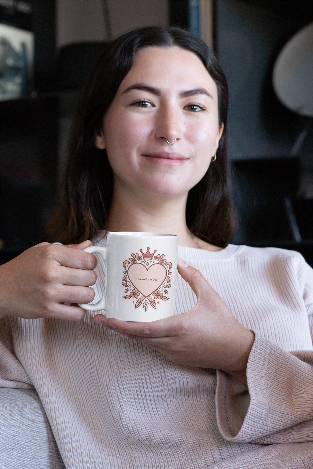 Queen For A Day Ceramic Mug — Floral Heart Crown Coffee Cup (11oz/15oz)