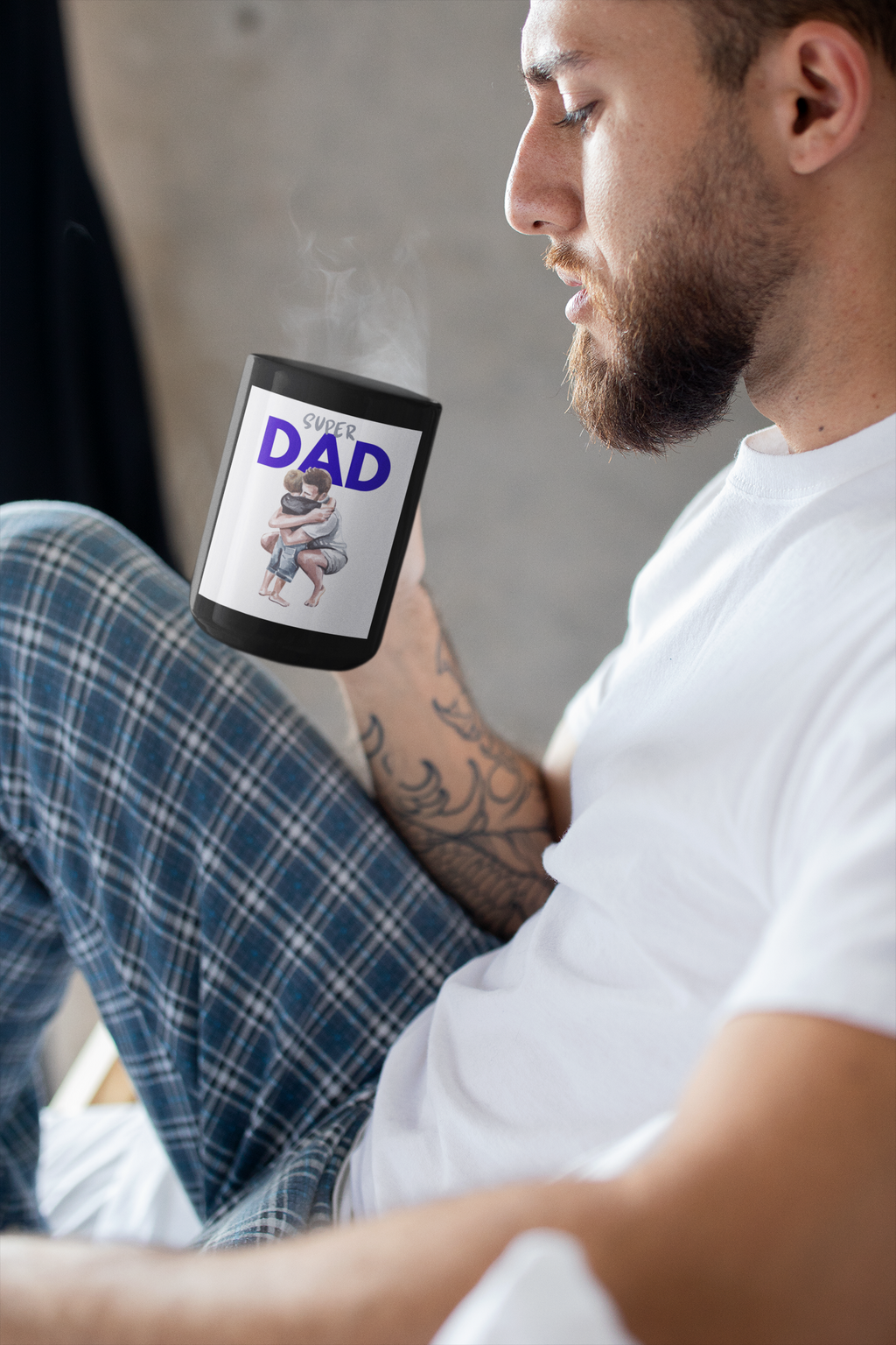 Super Dad Black Mug — Dad and Child Hug Father's Day Coffee Cup (11oz/15oz)
