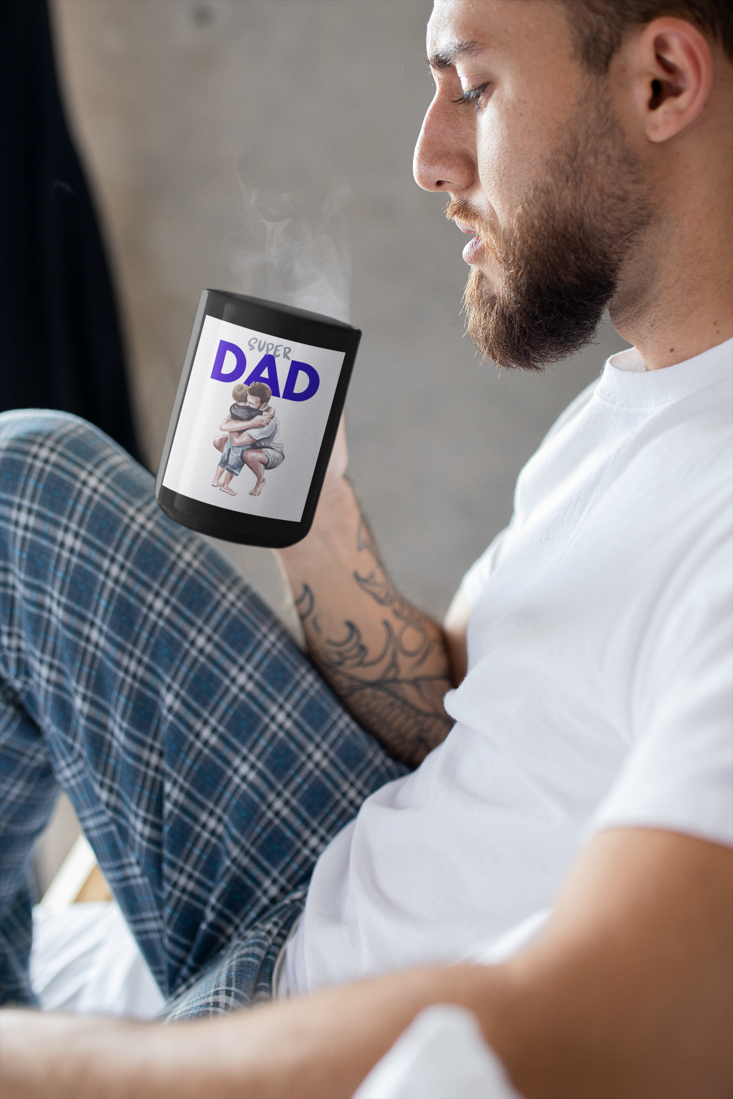 Super Dad Black Mug — Dad and Child Hug Father's Day Coffee Cup (11oz/15oz)