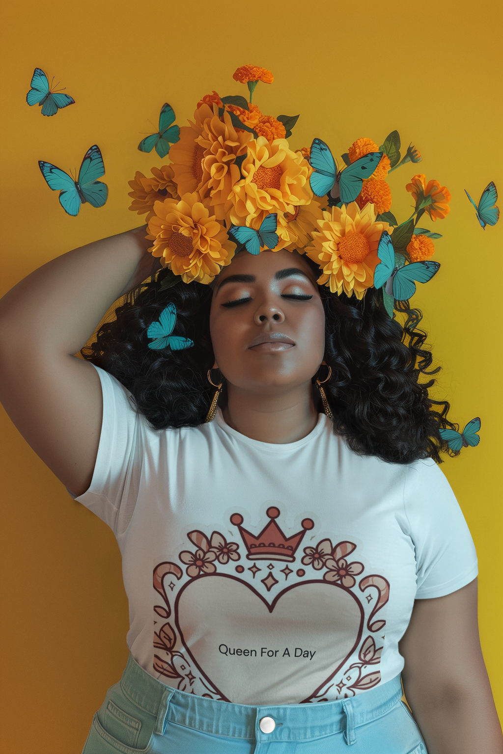 Queen For A Day Heart Tee - Feminine Floral Crown Graphic Shirt